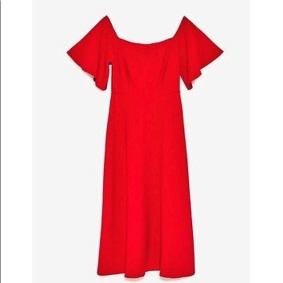 Zara Red Midi Off-the-Shoulder Jersey Dress Size Small - Picture 2 of 9